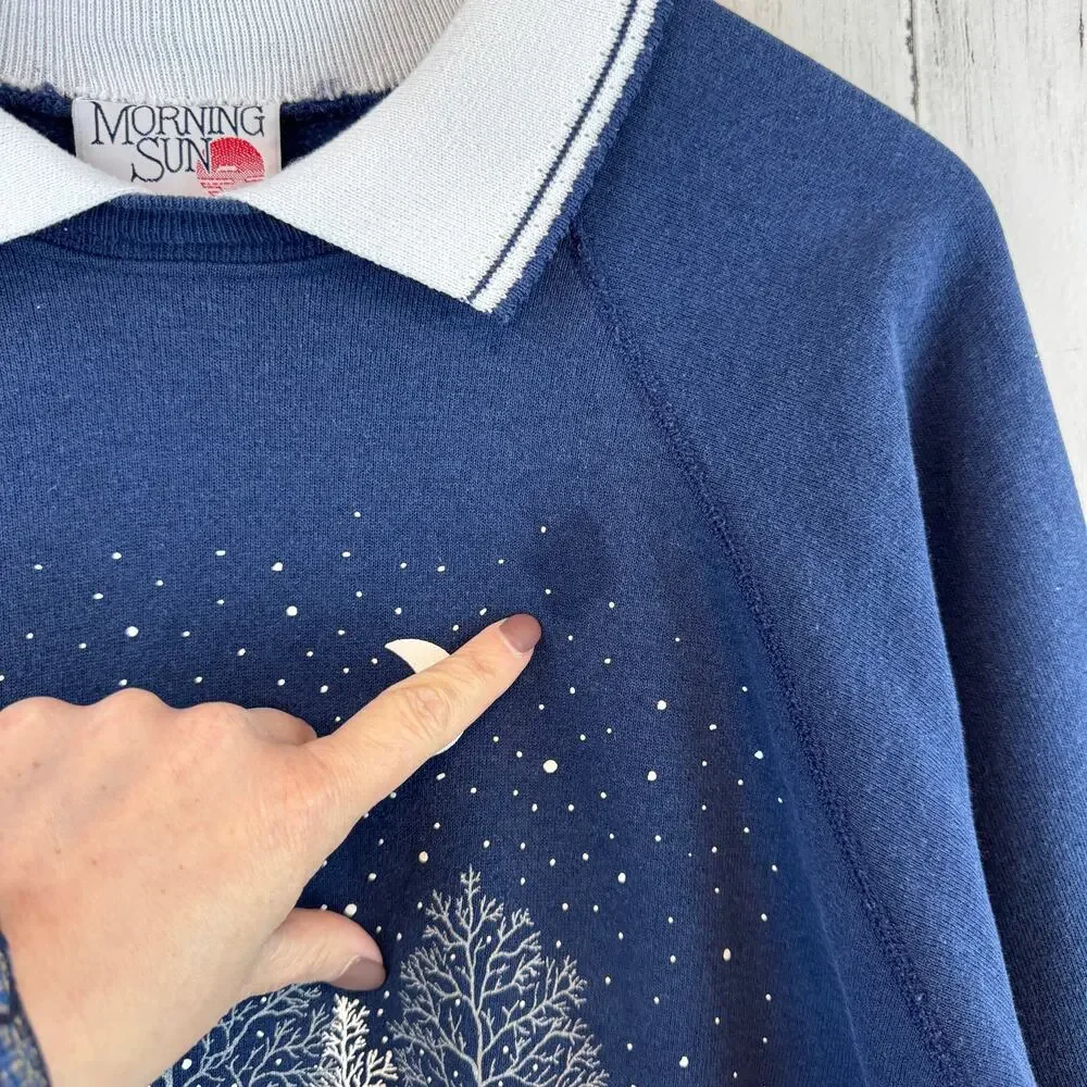 VTG Morning Sun Blue Collared Sweatshirt Grandma Winter Forest Forrer Size XL